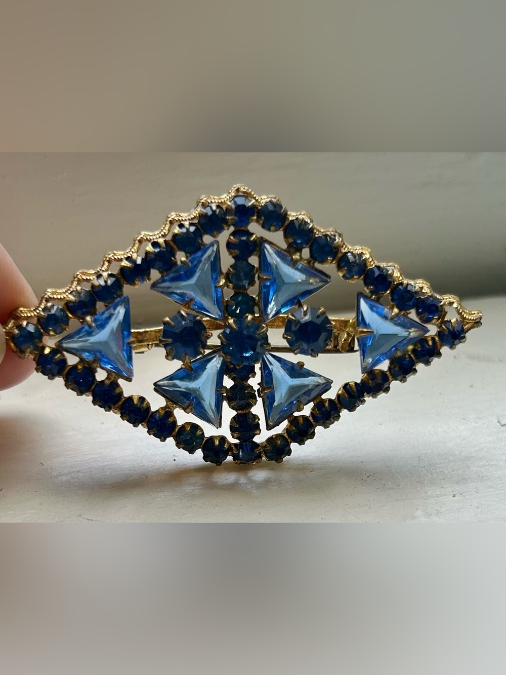 Vintage Czech Art Deco Blue Glass Rhinestone Brooch 1930s 40s Triangle Stones